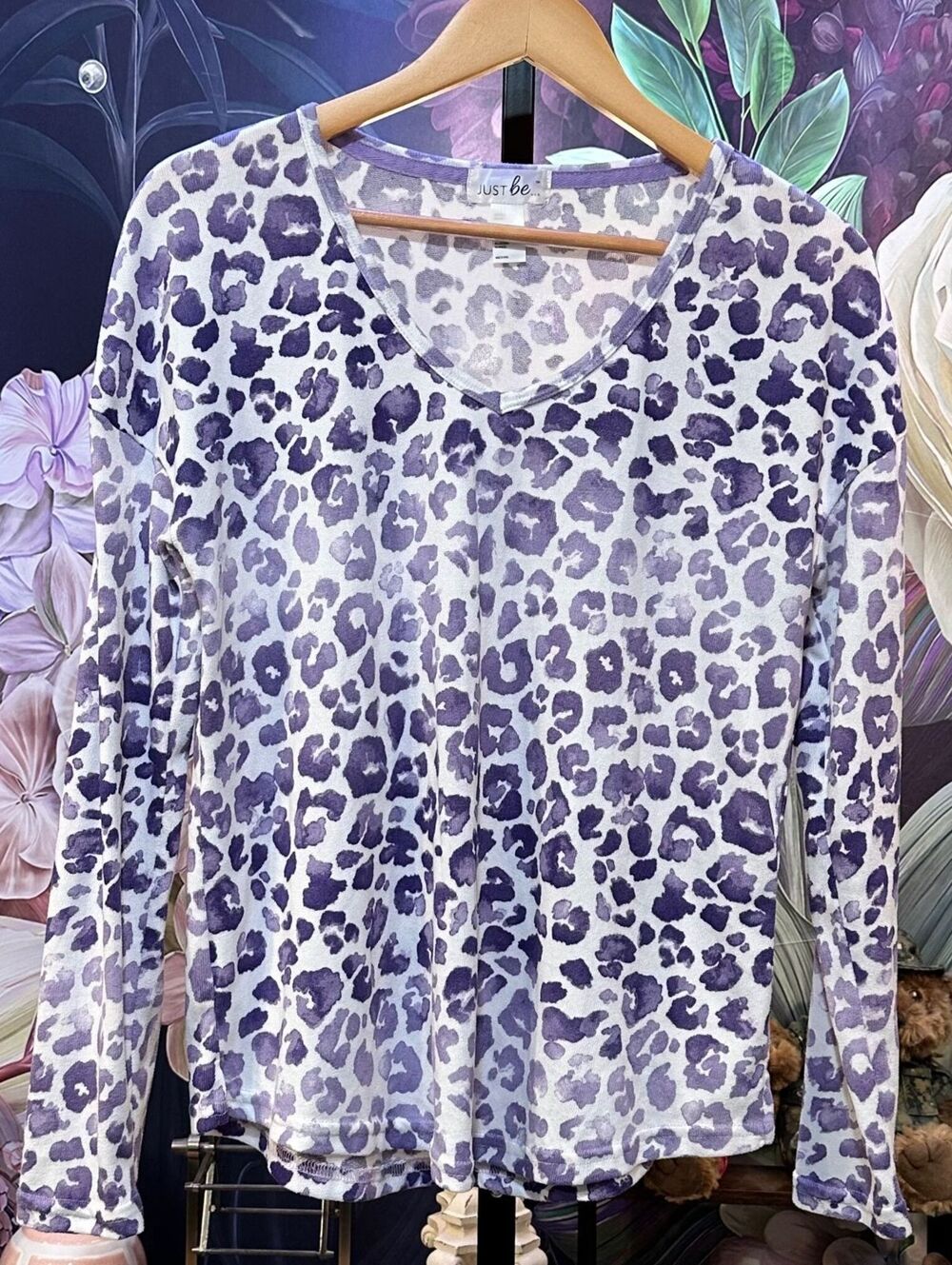 Just Be S Purple Leopard Print Stretch Long Sleeve Top Y2K Animal Print Casual